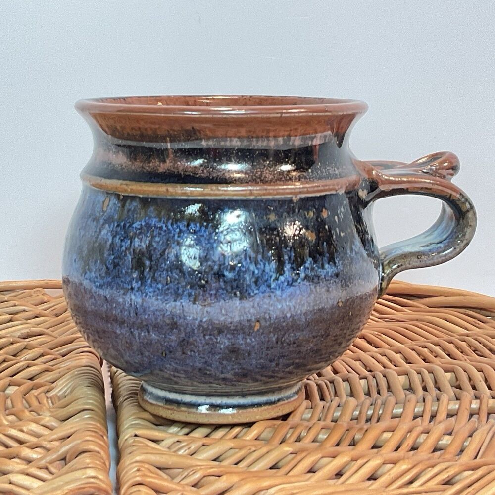 Vintage Handmade Pottery Mug Blue Black Handle 1990s Signed Thumb Grip 16 Oz